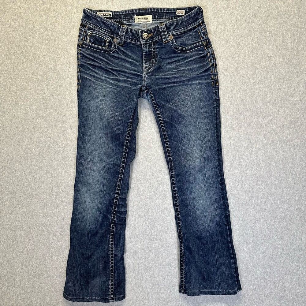 Buckle Men’s Easy Bootcut Size 28x34 Jeans Blue Dark Wash Denim Embellished
